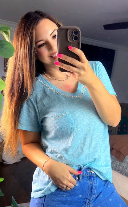 V-neck Contrast Hand-Stitch Detail Top (2 colors)
