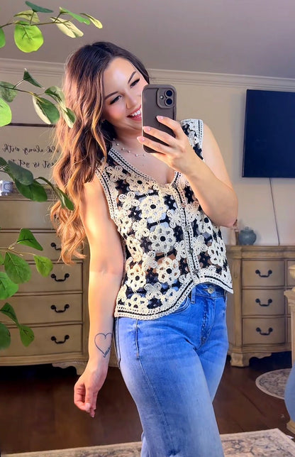 Black and White Floral Crochet V Neck