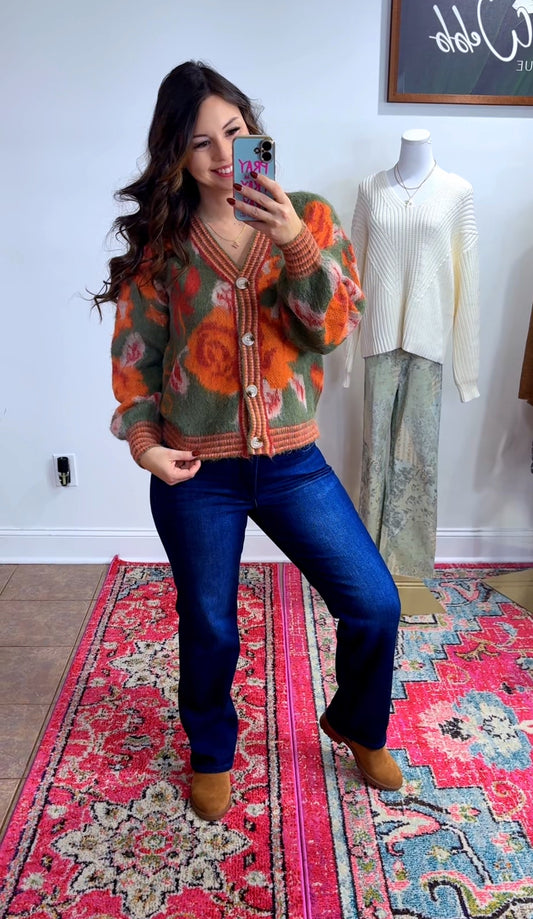 Winter Floral Button Up Sweater