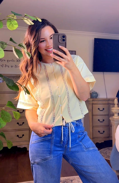 LACE TRIM BUTTON-UP KNIT TOP