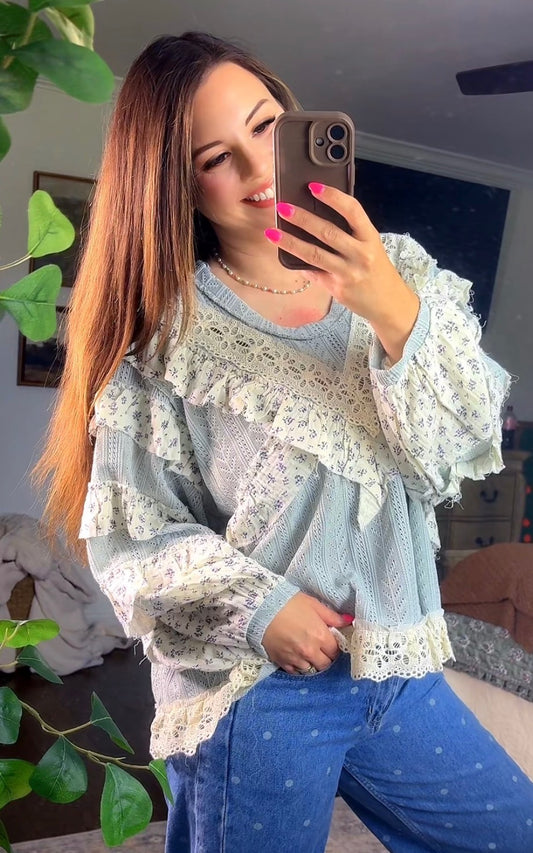 Eyelet Embroidery Ruffle Accents Top
