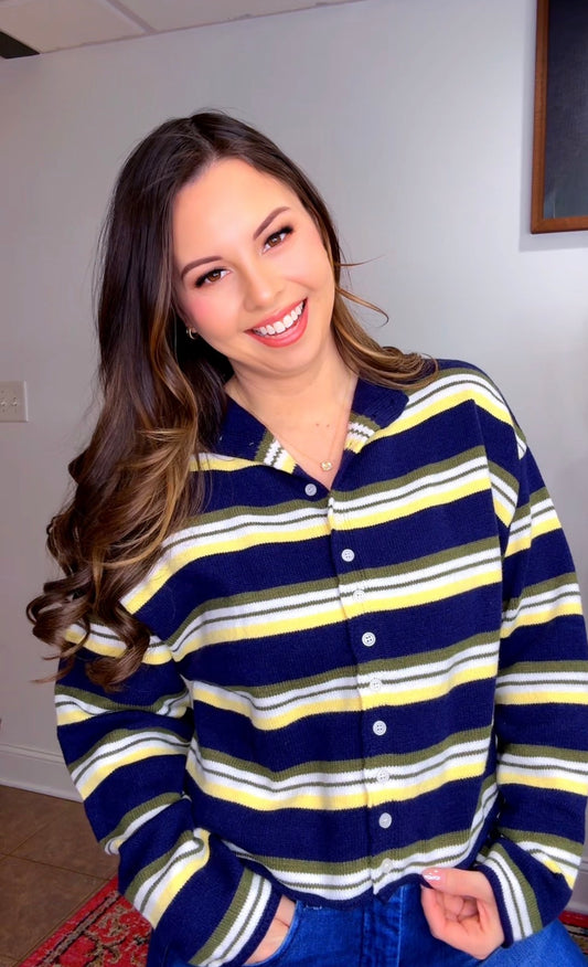 Roll Hem Buttons Detail Striped Cardigan