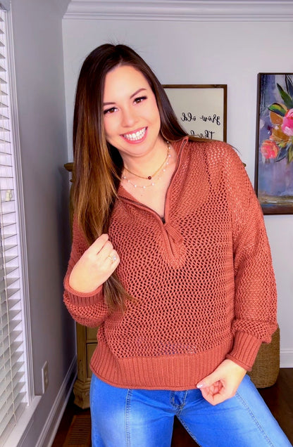 OPEN-KNIT HALF-ZIP SWEATER