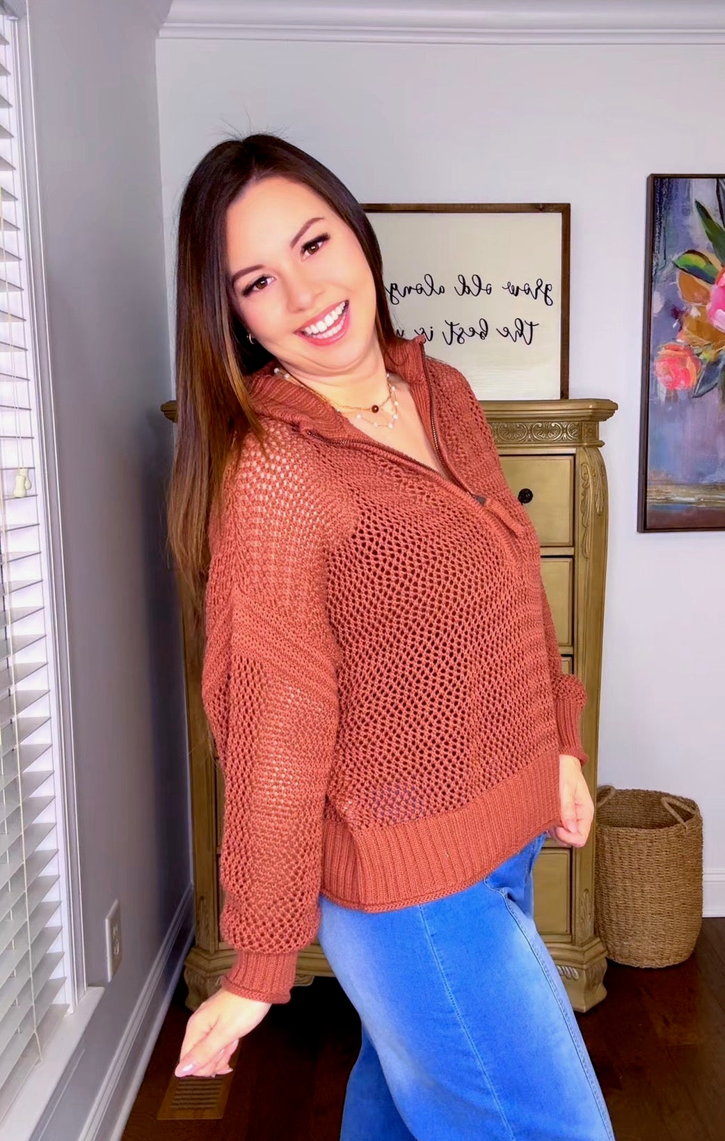 OPEN-KNIT HALF-ZIP SWEATER