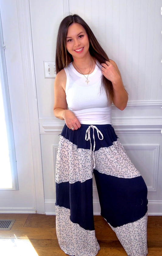 Navy Floral Wide Leg