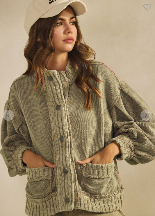 Washed Vintage Ribbed Knit Trim Cardigan Jacket (4 colors)