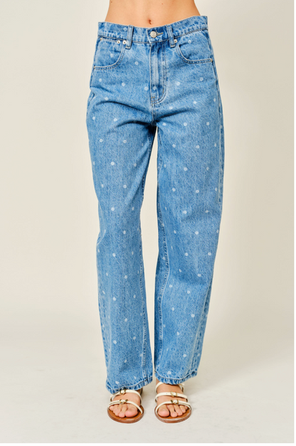Polka Dot Straight Denim Pants