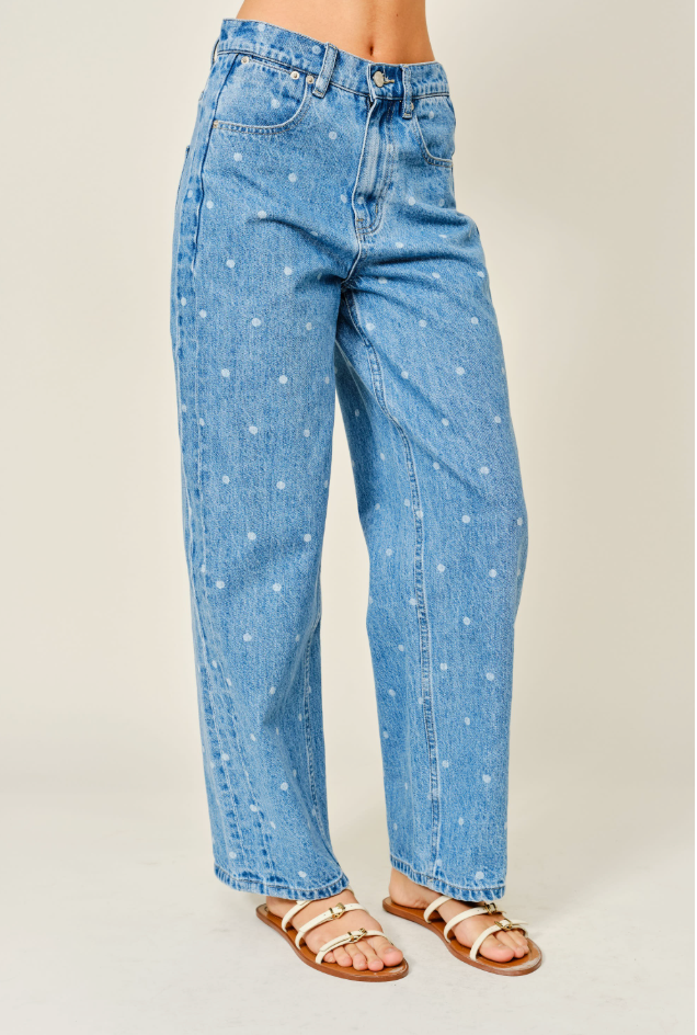 Polka Dot Straight Denim Pants