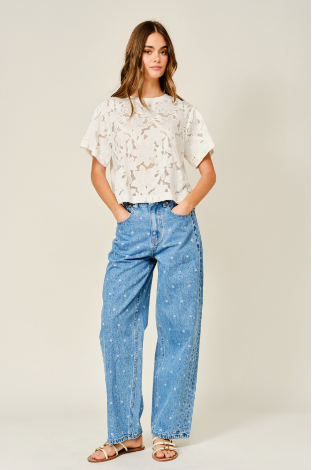 Polka Dot Straight Denim Pants